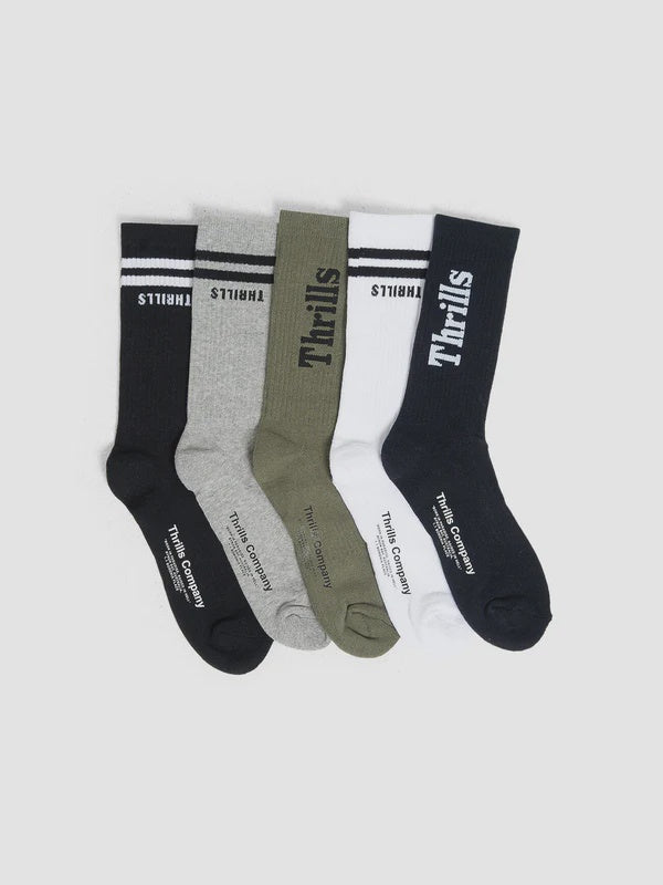 Thrills Minimal Thrills 5 Pack Sock- Black/White/Army Green/Total Eclipse/Grey Marle