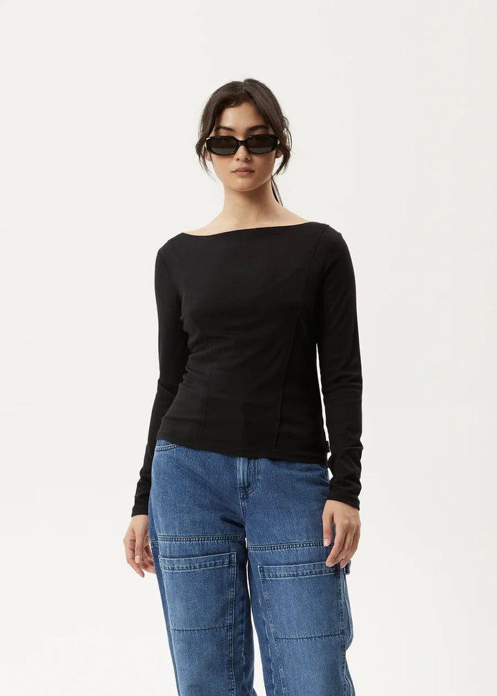 Afends Mirage Bamboo Sheer Long Sleeve Top- Black