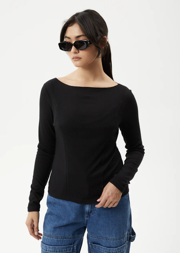 Afends Mirage Bamboo Sheer Long Sleeve Top- Black