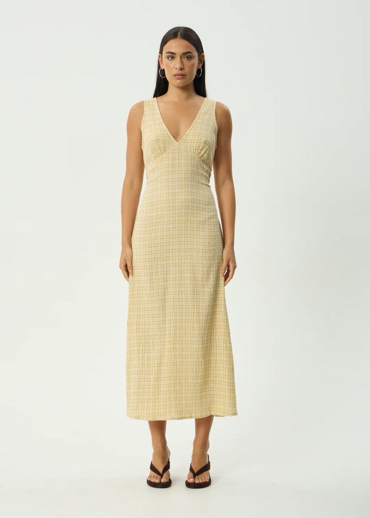 Afends Sunday Seersucker Check Maxi Dress-Lemon Check