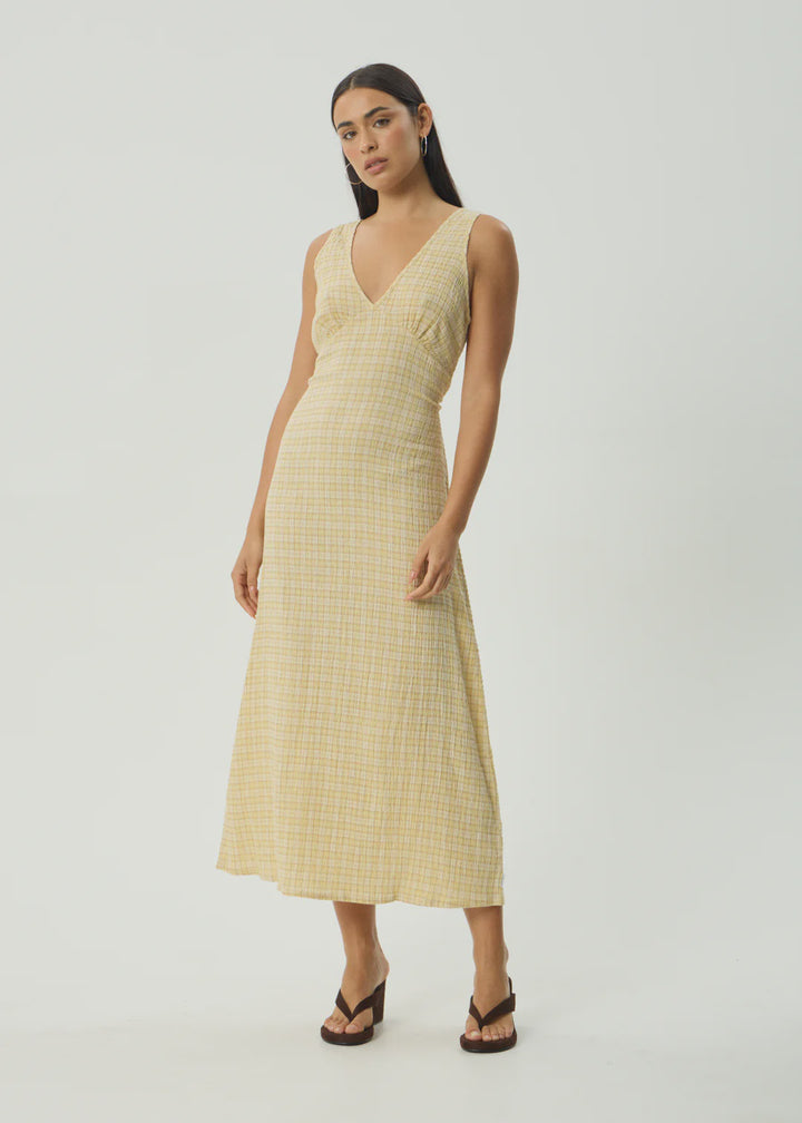 Afends Sunday Seersucker Check Maxi Dress-Lemon Check