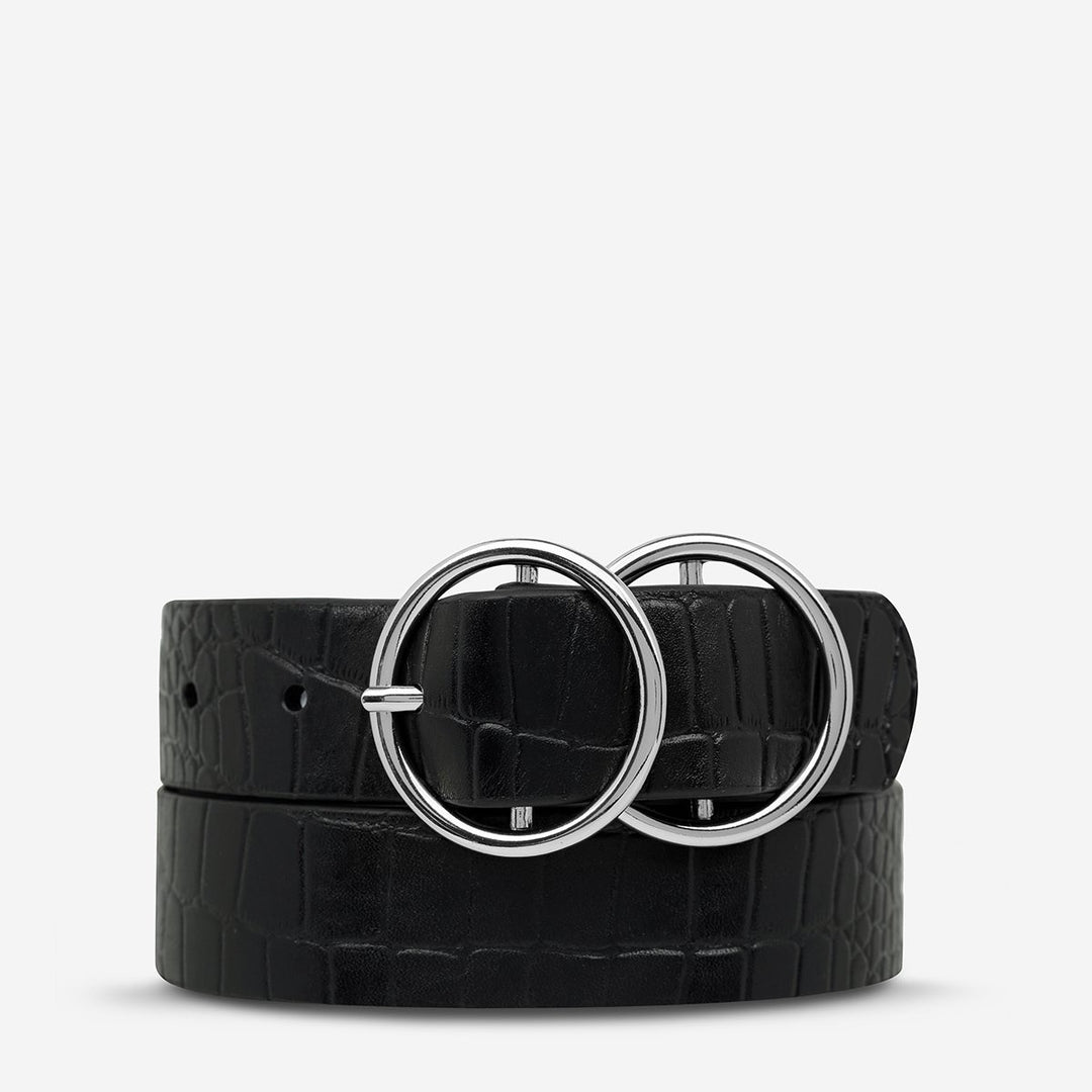 Status Anxiety Mislaid Skinny Belt - Black Croc/Sliver