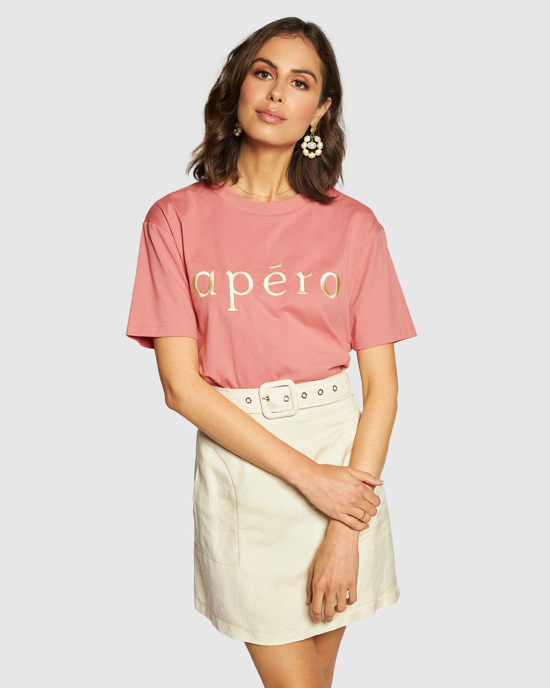 Embroidered Tee - Dusty Pink/Cream