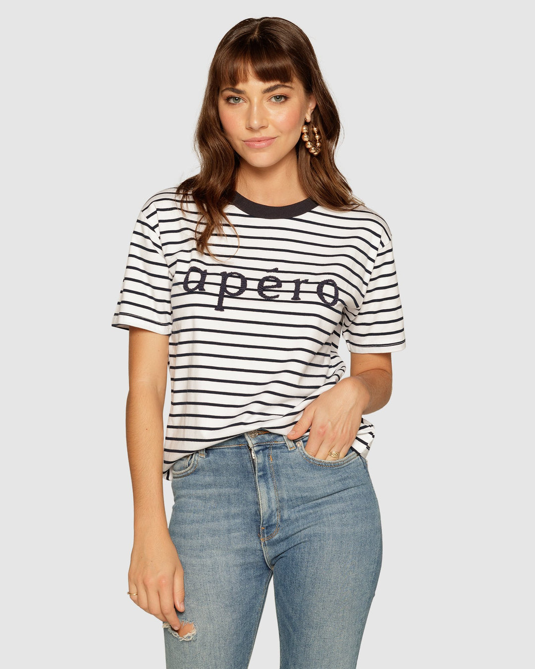Apero Stripe Beaded Tee - Navy