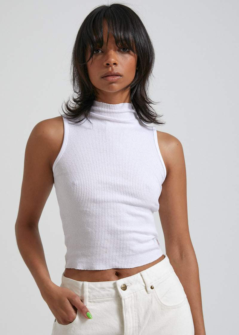 Iconic Hemp Rib High Neck Tank- White