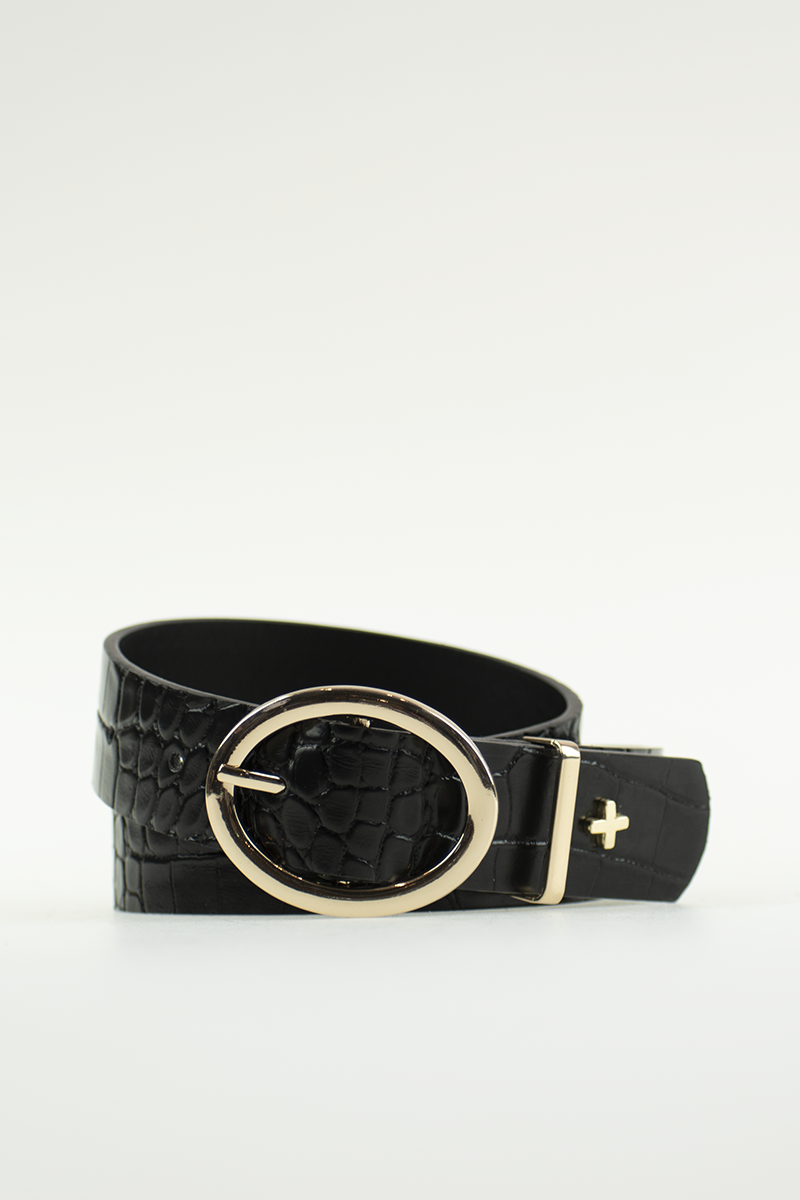 Arrow Gold Ring Buckle Belt - Black Croc/Gold