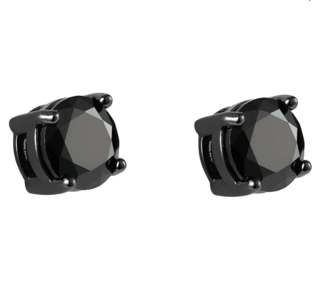 7mm Black Rhodium Plated Sterling Silver Four Claw Round Black CZ Stud Earrings