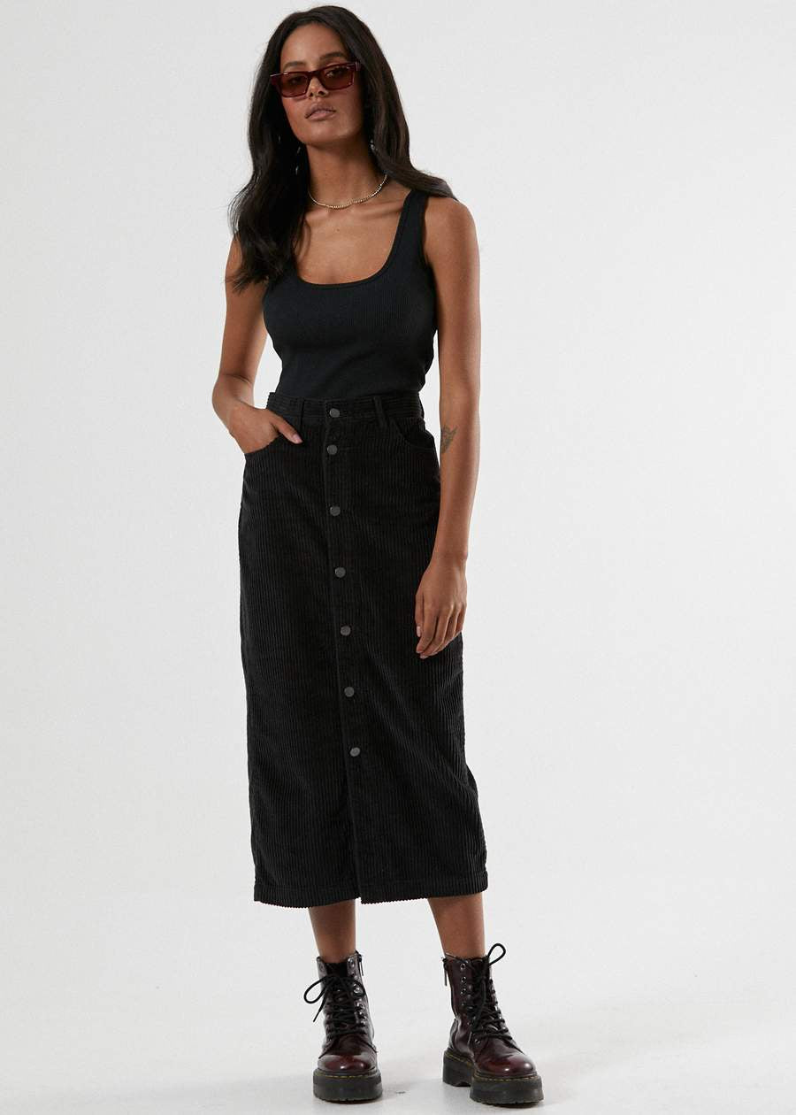 Rainey Cord Midi Skirt - Black
