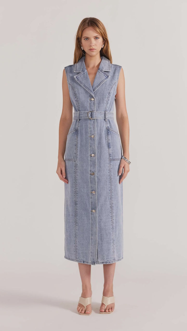 Staple The Label Calla Denim Midi Dress - Light Wash Denim