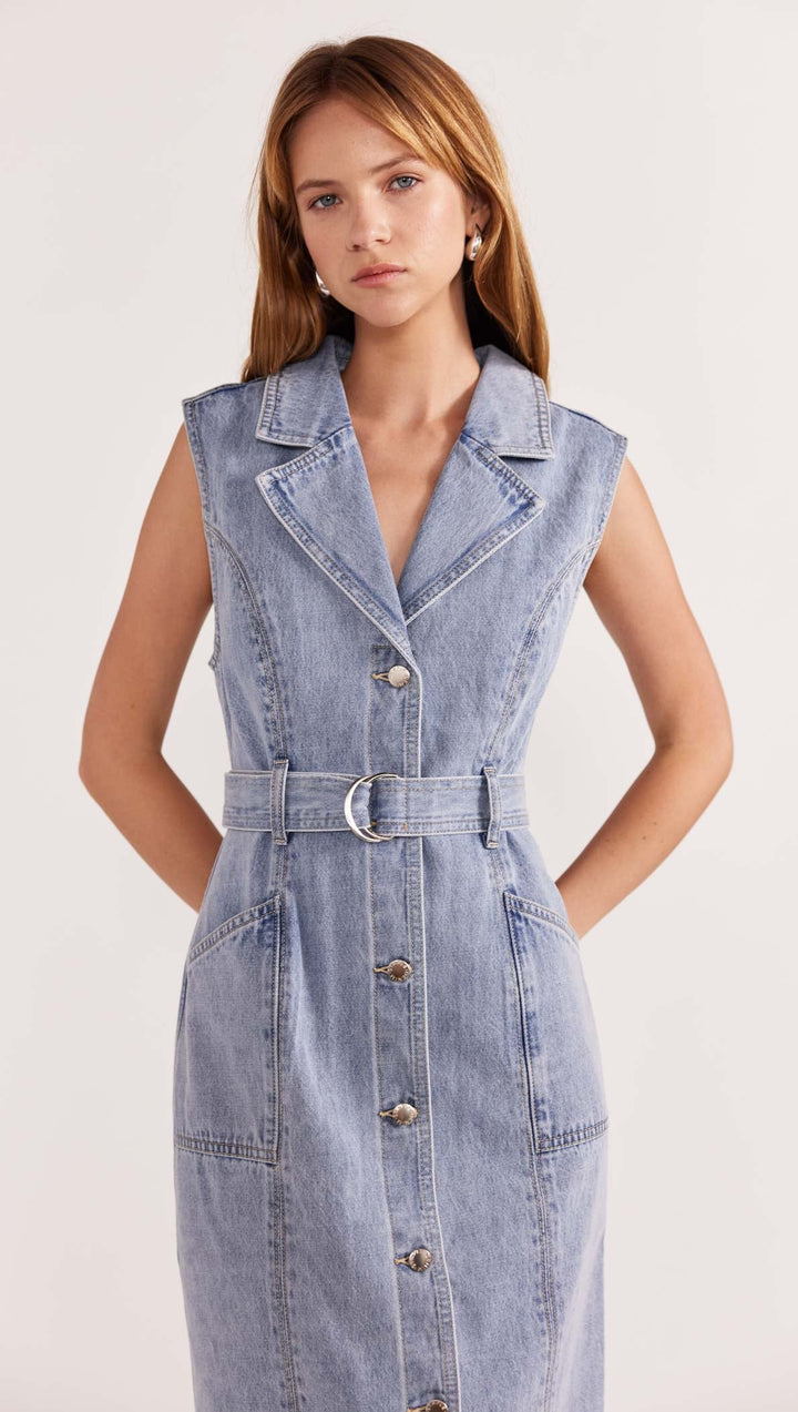 Staple The Label Calla Denim Midi Dress - Light Wash Denim