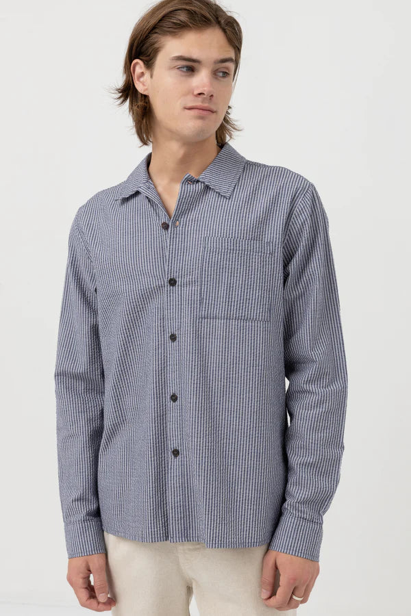 Rhythm Striped Seersucker LS Shirt - Indigo