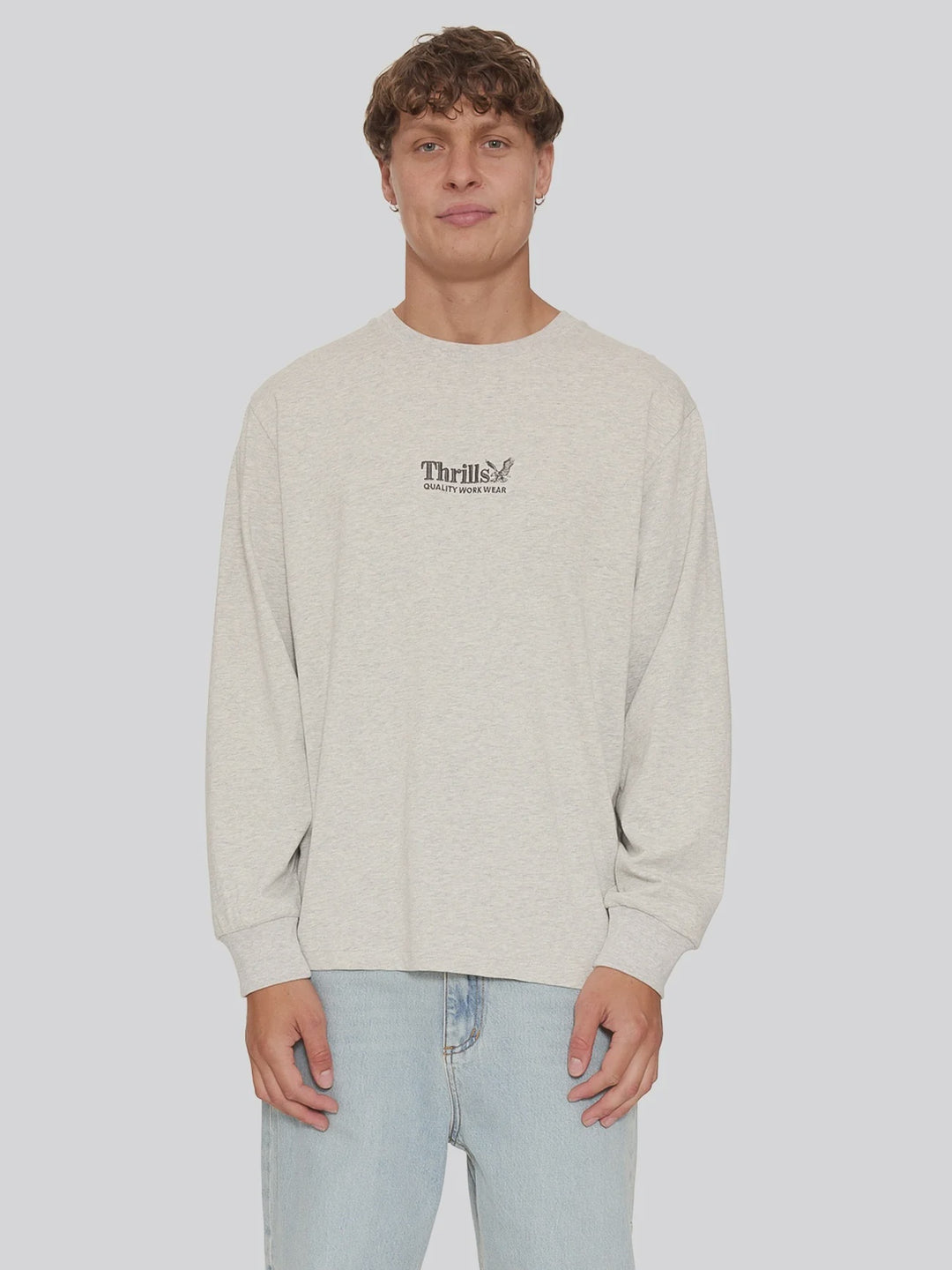 Thrills Workwear Embro Long Sleeve Merch Tee - Snow Marle