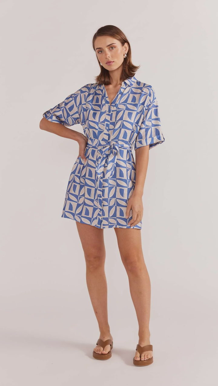 Staple The Label Alto Mini Shirtdress - Blue-Geo