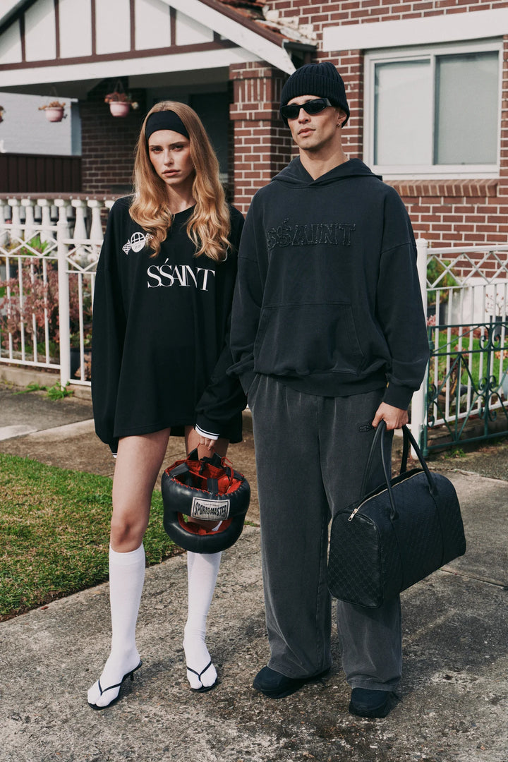 Ssaint Logo Acid Wash Hoodie -Charcoal
