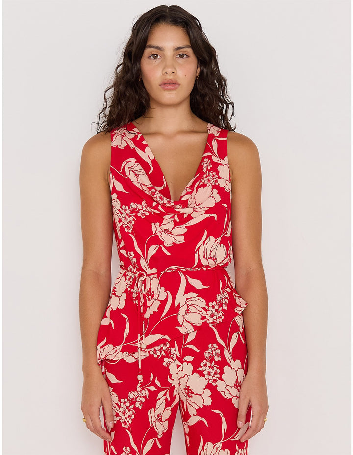 MinkPink Poppy Cowl Neck Top - Red/Floral