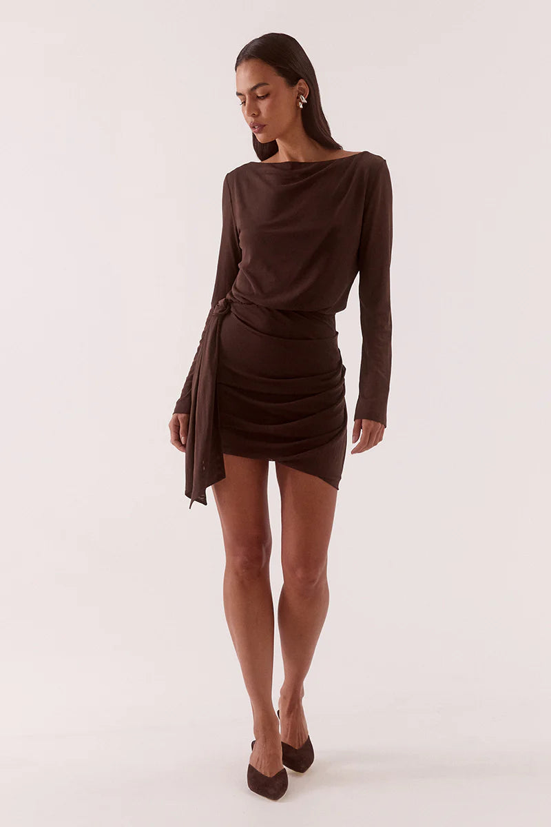 Sovere Myriad Drape Mini Dress - Rum Raisin