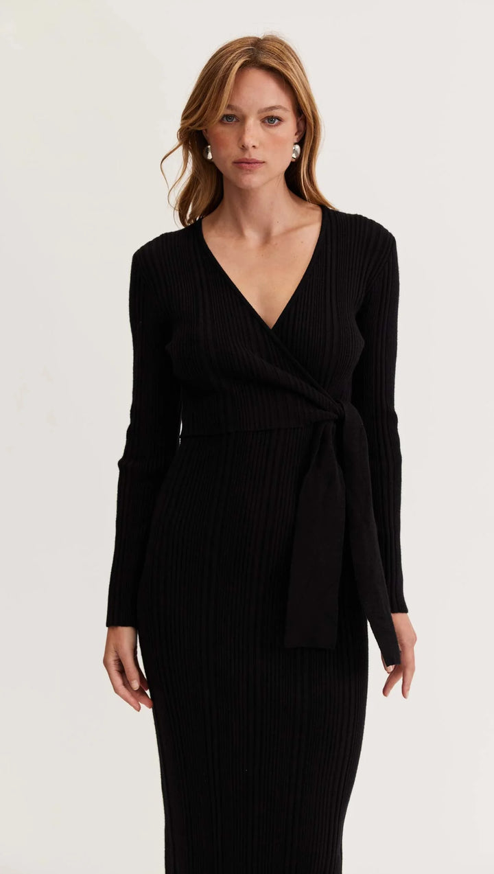 Staple The Label Maxine Wrap Front Knit Dress- Black