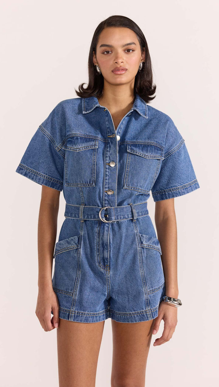 Staple The Label Tate Denim Playsuit - Mid-Blue