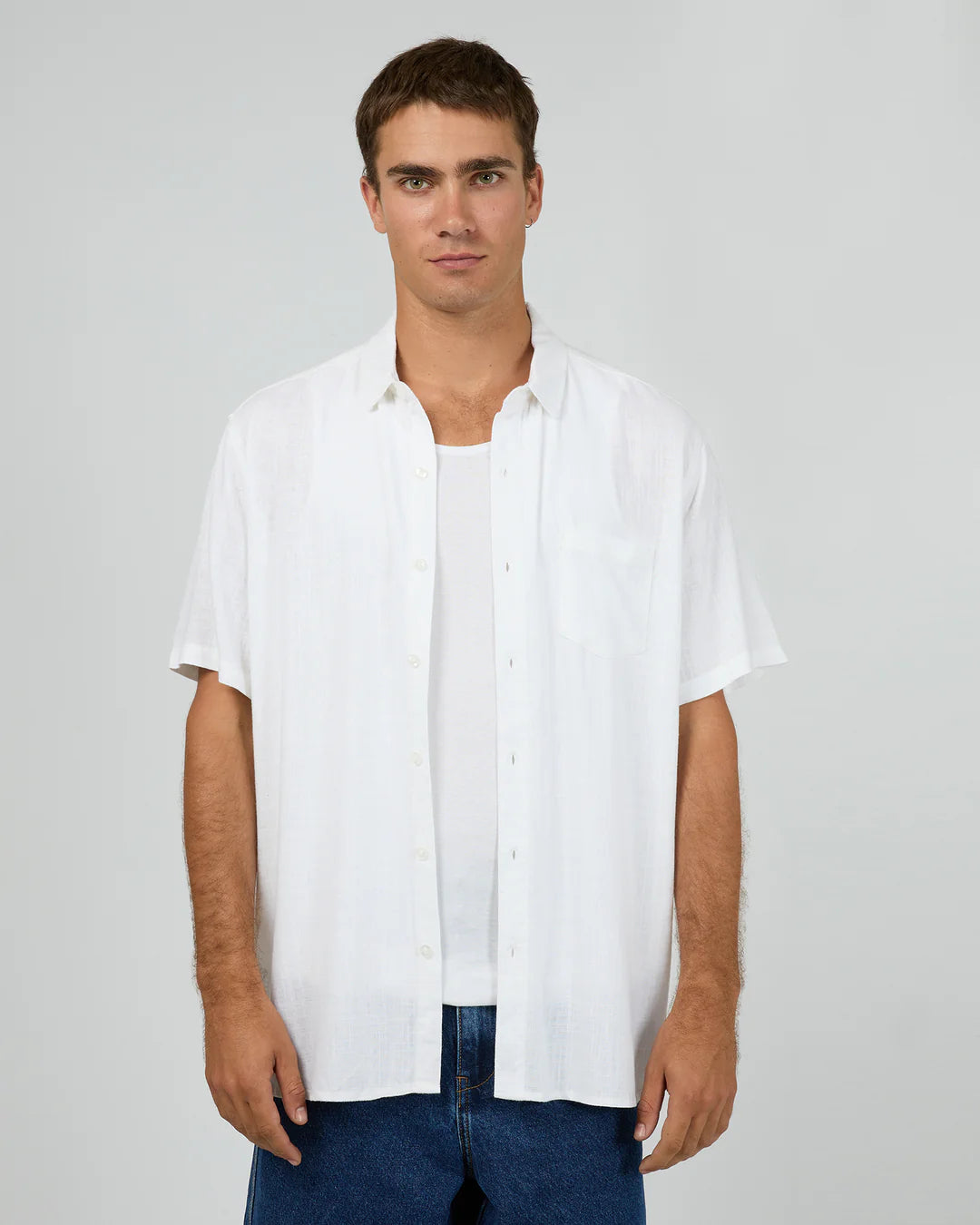 Silent Theory Textured Linen Short Sleeve Shirt - White