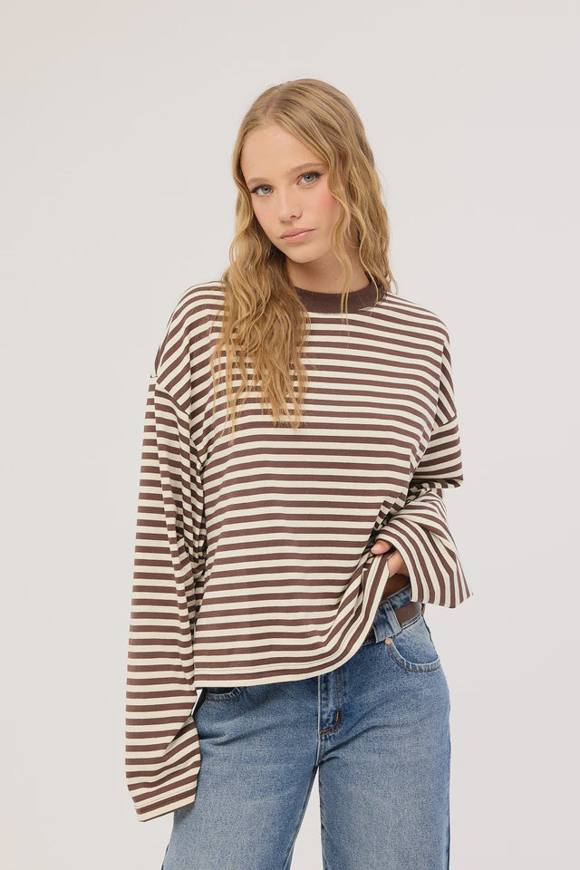 Lioness Bloom Long Sleeve Tee- Dark Chocolate Stripe