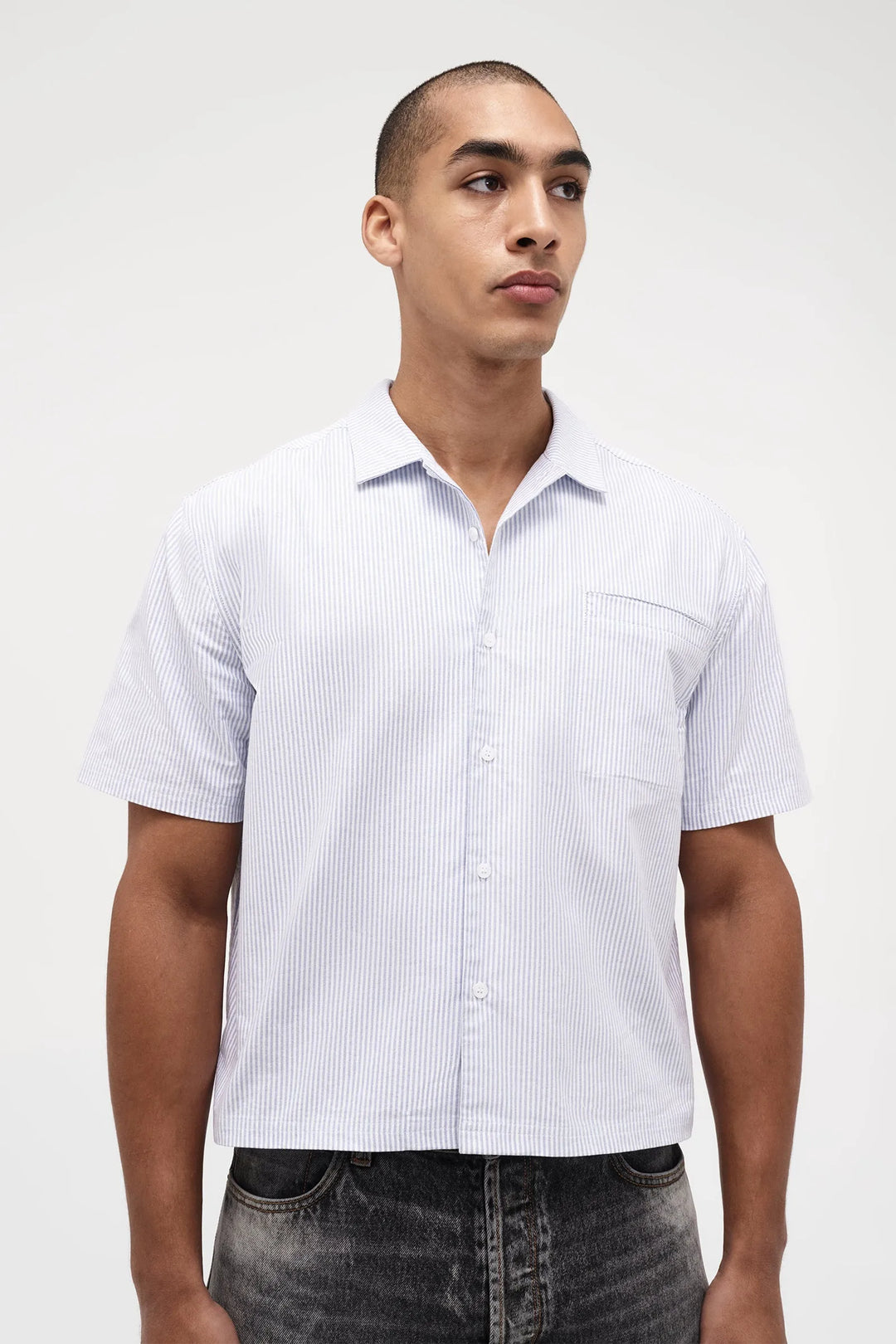 Neuw Denim Stripe Short Sleeve Mod Shirt - French Navy Stripe