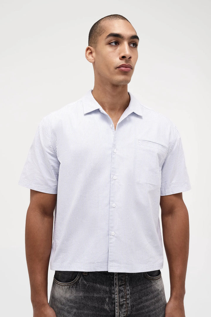 Neuw Denim Stripe Short Sleeve Mod Shirt - French Navy Stripe