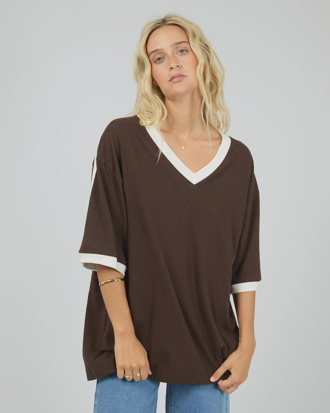 All About Eve Zulu Panel Oversized V Neck Tee - Brown