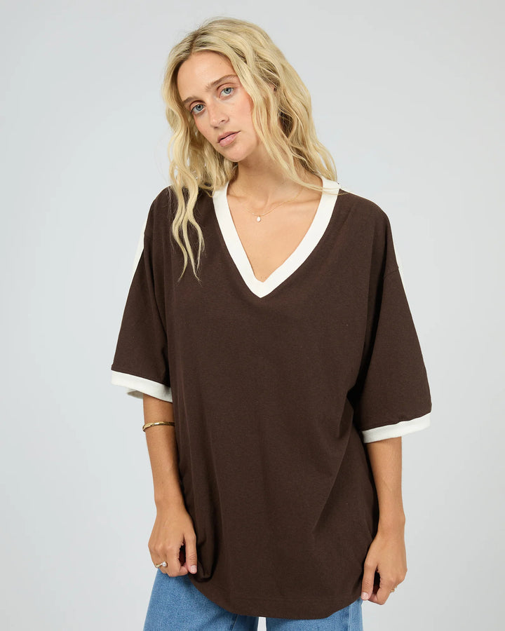 All About Eve Zulu Panel Oversized V Neck Tee - Brown