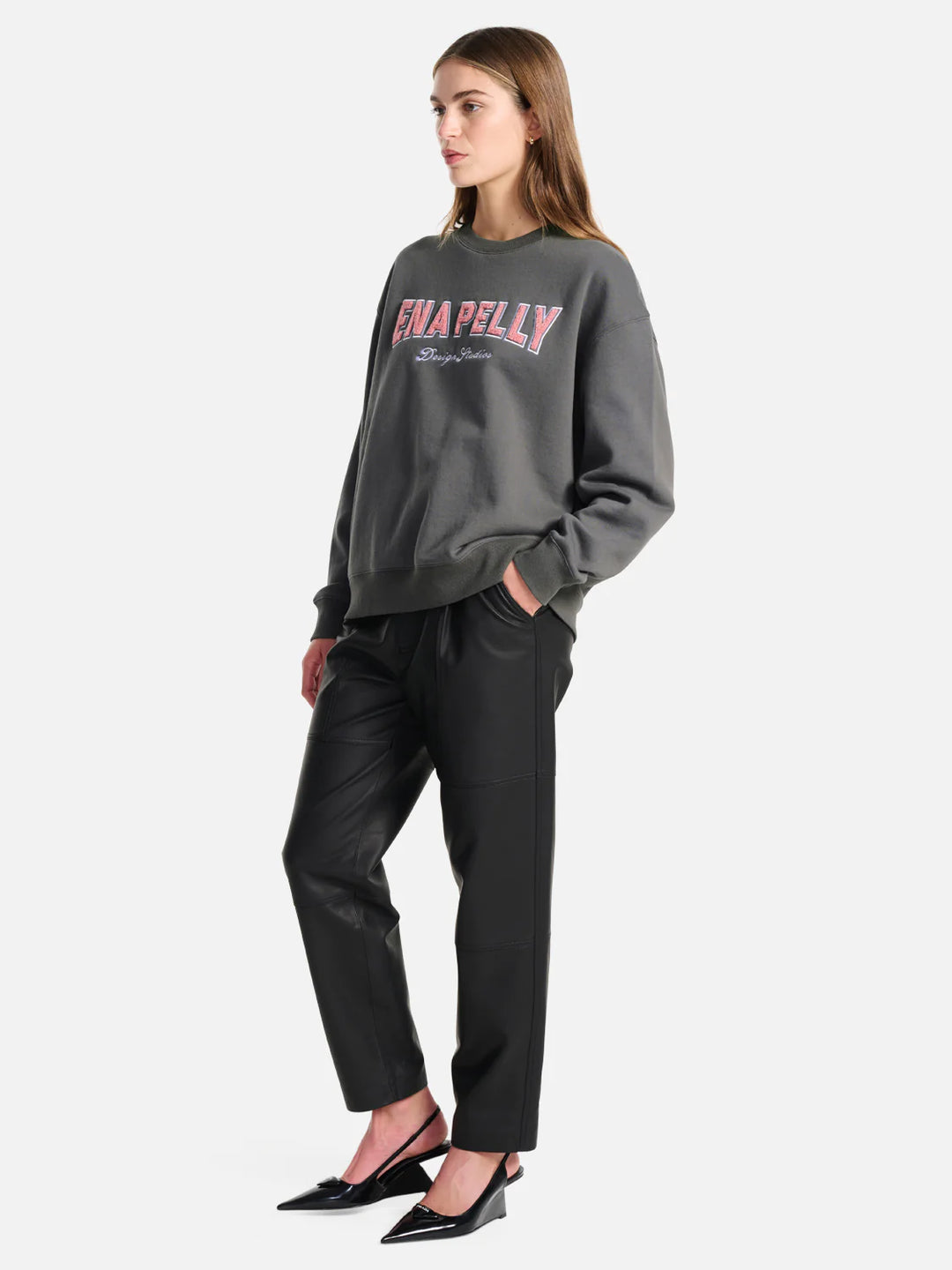 Ena Pelly Austin Collegiate Oversized Sweater- Charcoal