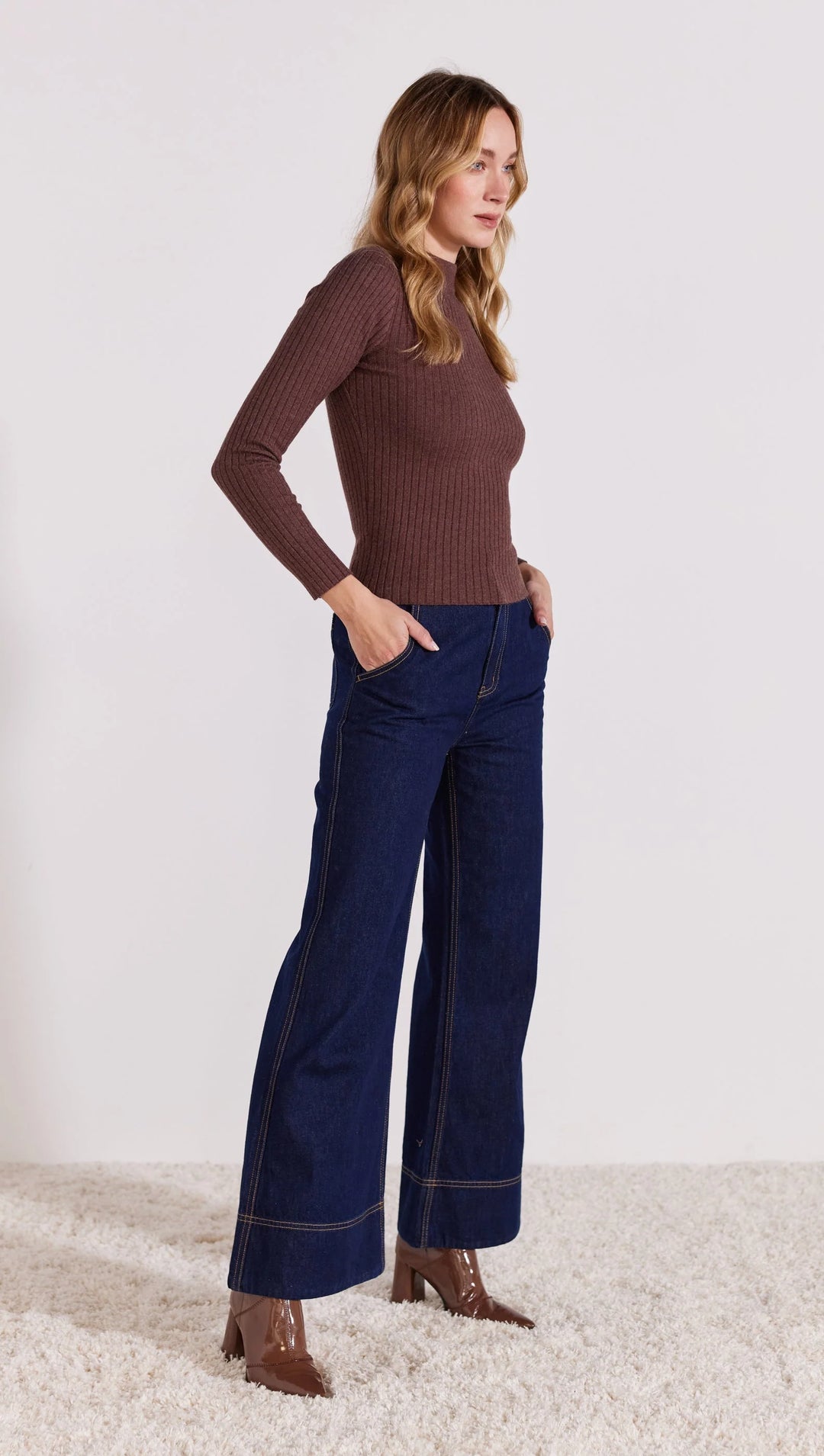 Staple The Label Anya Ribbed Knit Top - Chocolate