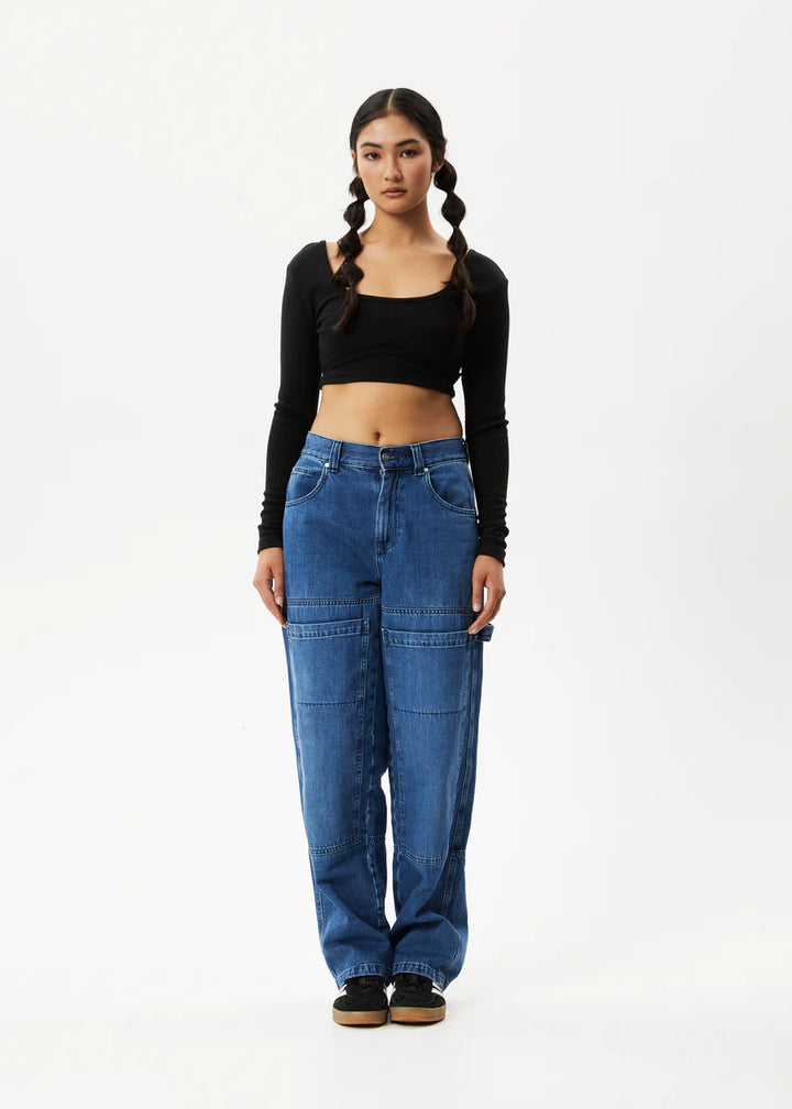 Afends Milla Hemp Ribbed Long Sleeve Cropped Top - Black