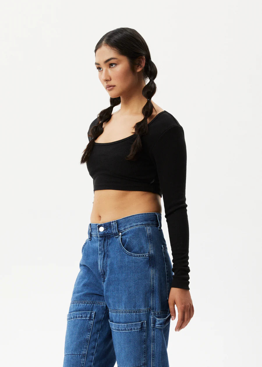 Afends Milla Hemp Ribbed Long Sleeve Cropped Top - Black