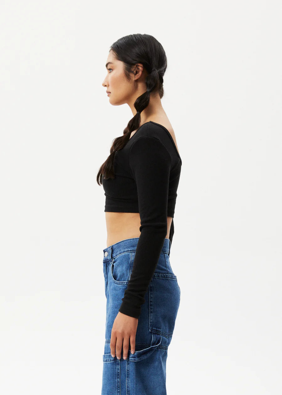 Afends Milla Hemp Ribbed Long Sleeve Cropped Top - Black