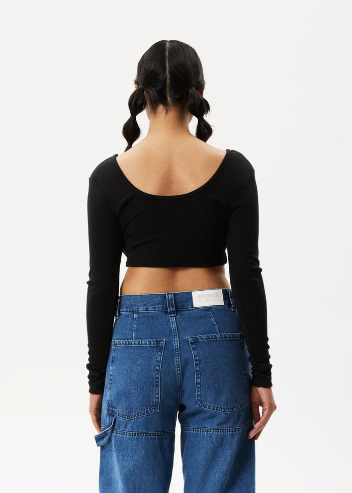 Afends Milla Hemp Ribbed Long Sleeve Cropped Top - Black