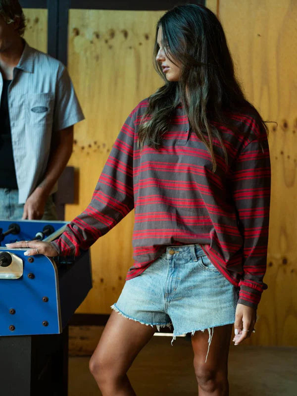 Thrills Conditions Apply Stripe Long Sleeve Polo - Bitter Chocolate