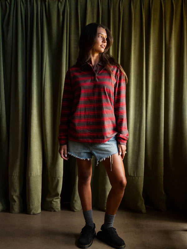 Thrills Conditions Apply Stripe Long Sleeve Polo - Bitter Chocolate