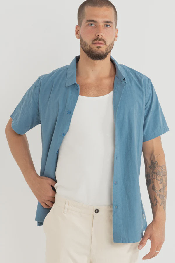 Rhythm Classic Linen Short Sleeve Shirt - Mineral Blue