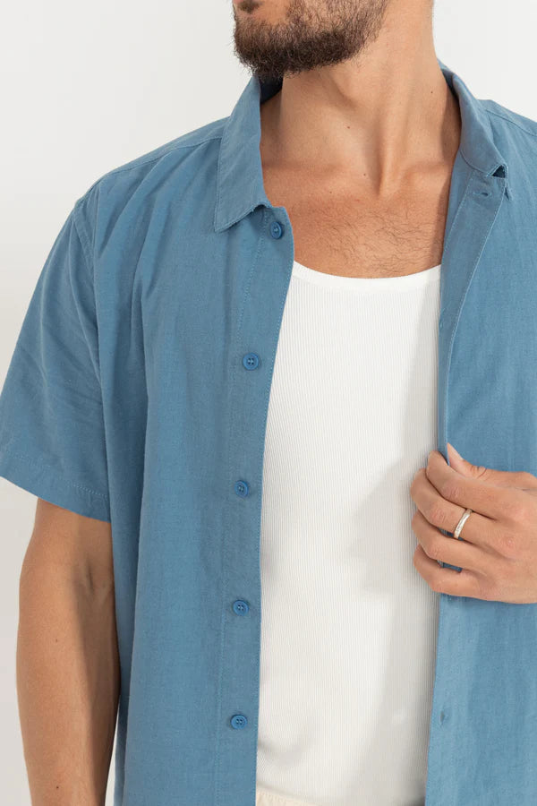 Rhythm Classic Linen Short Sleeve Shirt - Mineral Blue