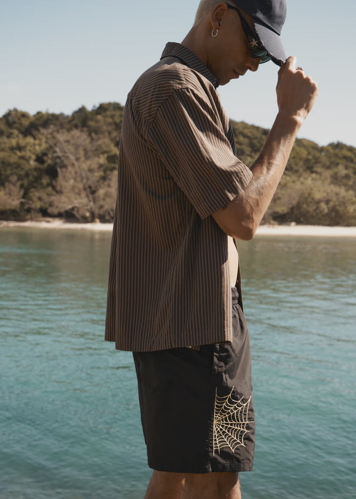 Afends Cyrus Recycled Short Sleeve Shirt - Coffee Stripe