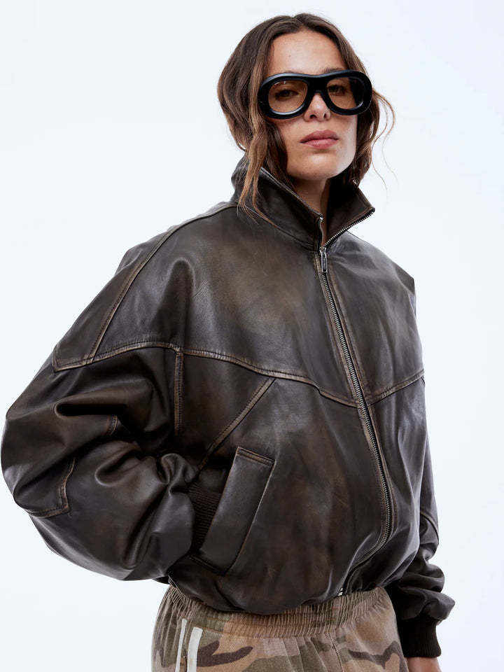 Ena Pelly Mari Leather Bomber - Mocha