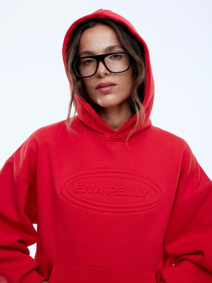 Ena Pelly Washed Debossed Hoodie - Washed Red