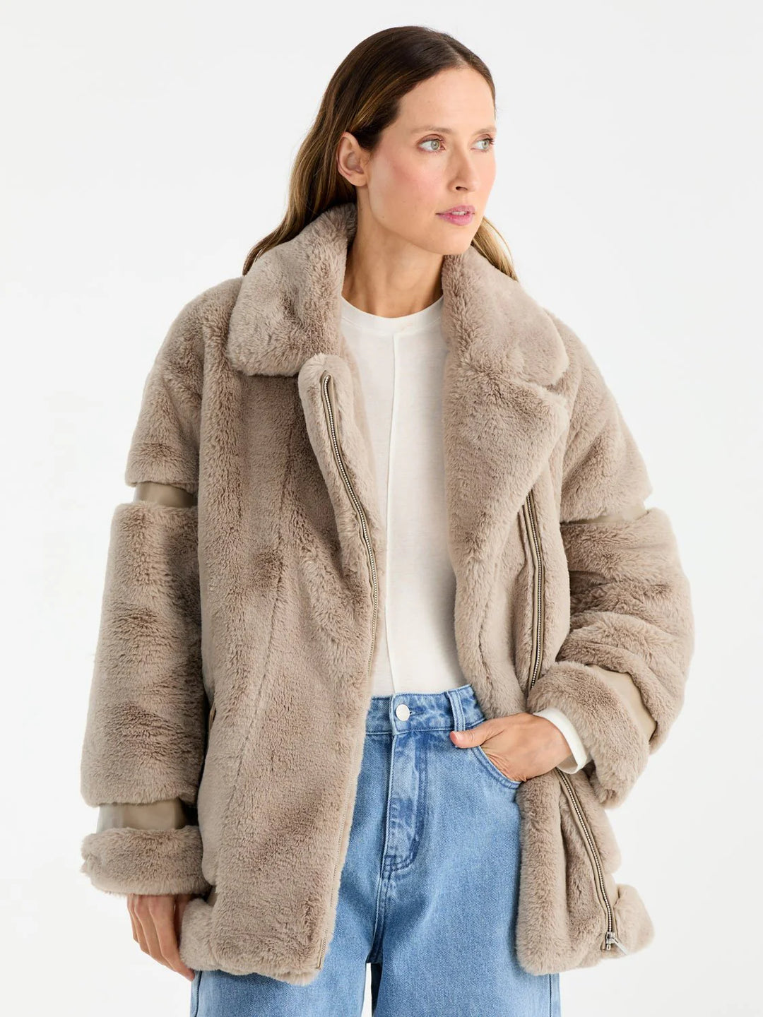 Ena Pelly Clover Faux Fur Jacket - Stone