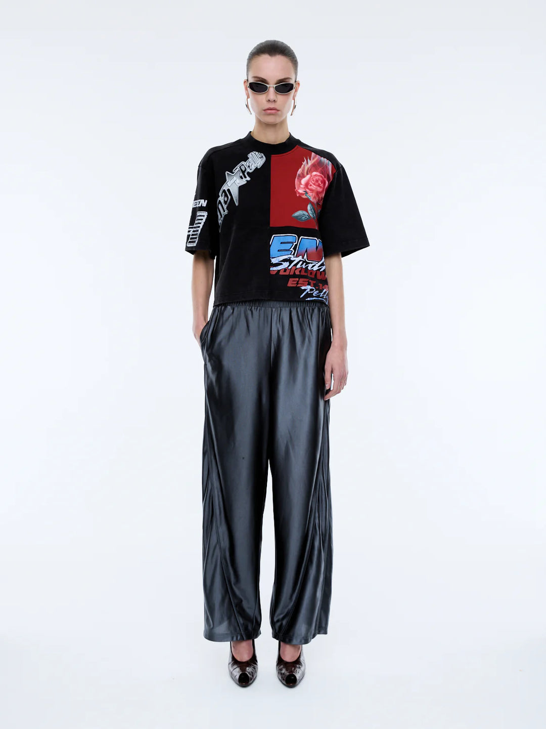 Ena Pelly Flaming Rose Patchwork Tee - Washed Black
