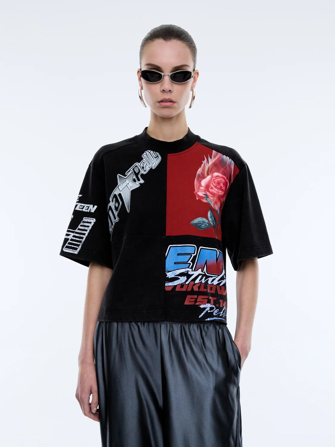 Ena Pelly Flaming Rose Patchwork Tee - Washed Black