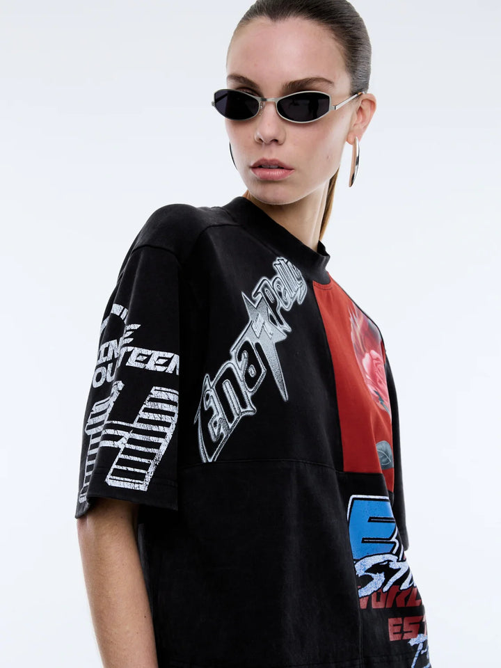 Ena Pelly Flaming Rose Patchwork Tee - Washed Black