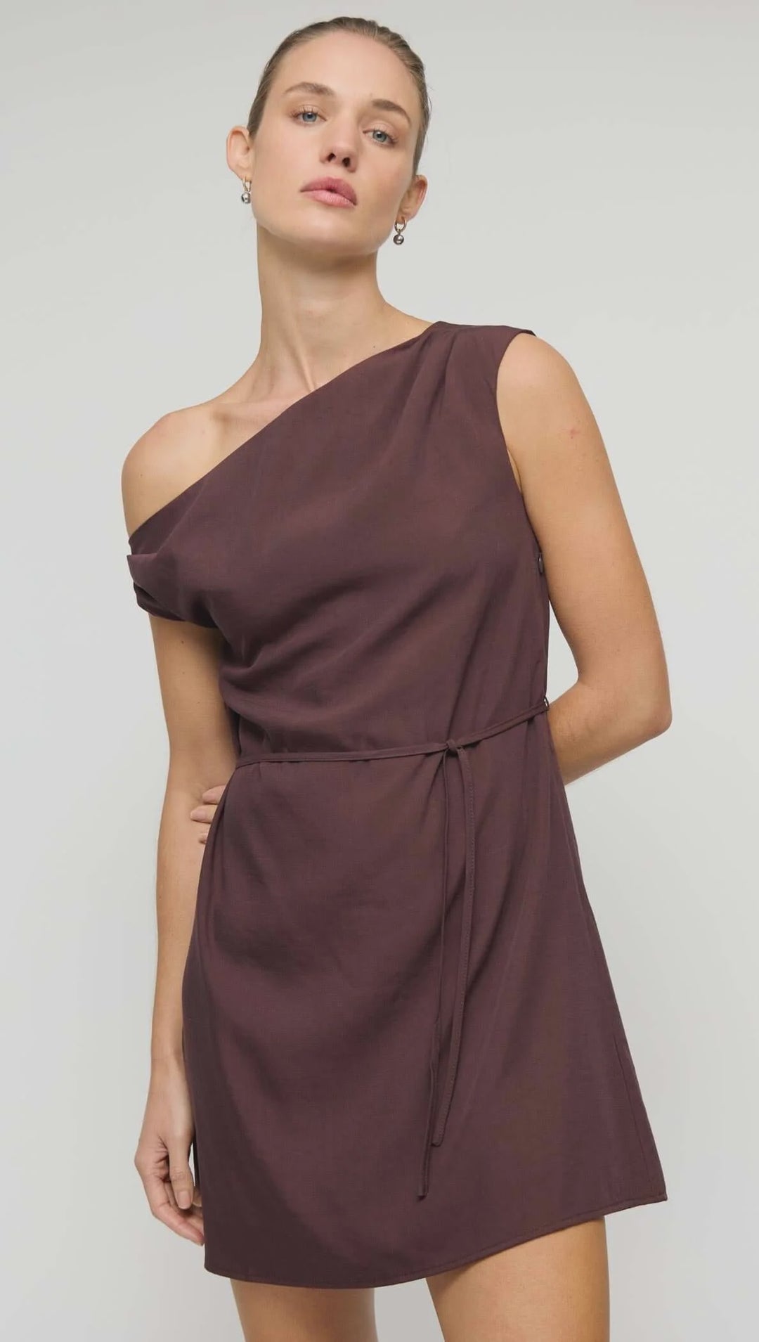 Staple The Label Elira Asymmetrical Mini Dress-Chocolate