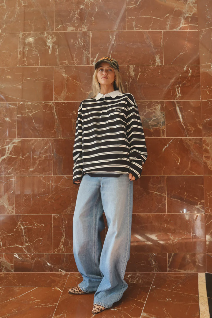 SŚAINT Dylan Rugby Polo - Black & White Stripe