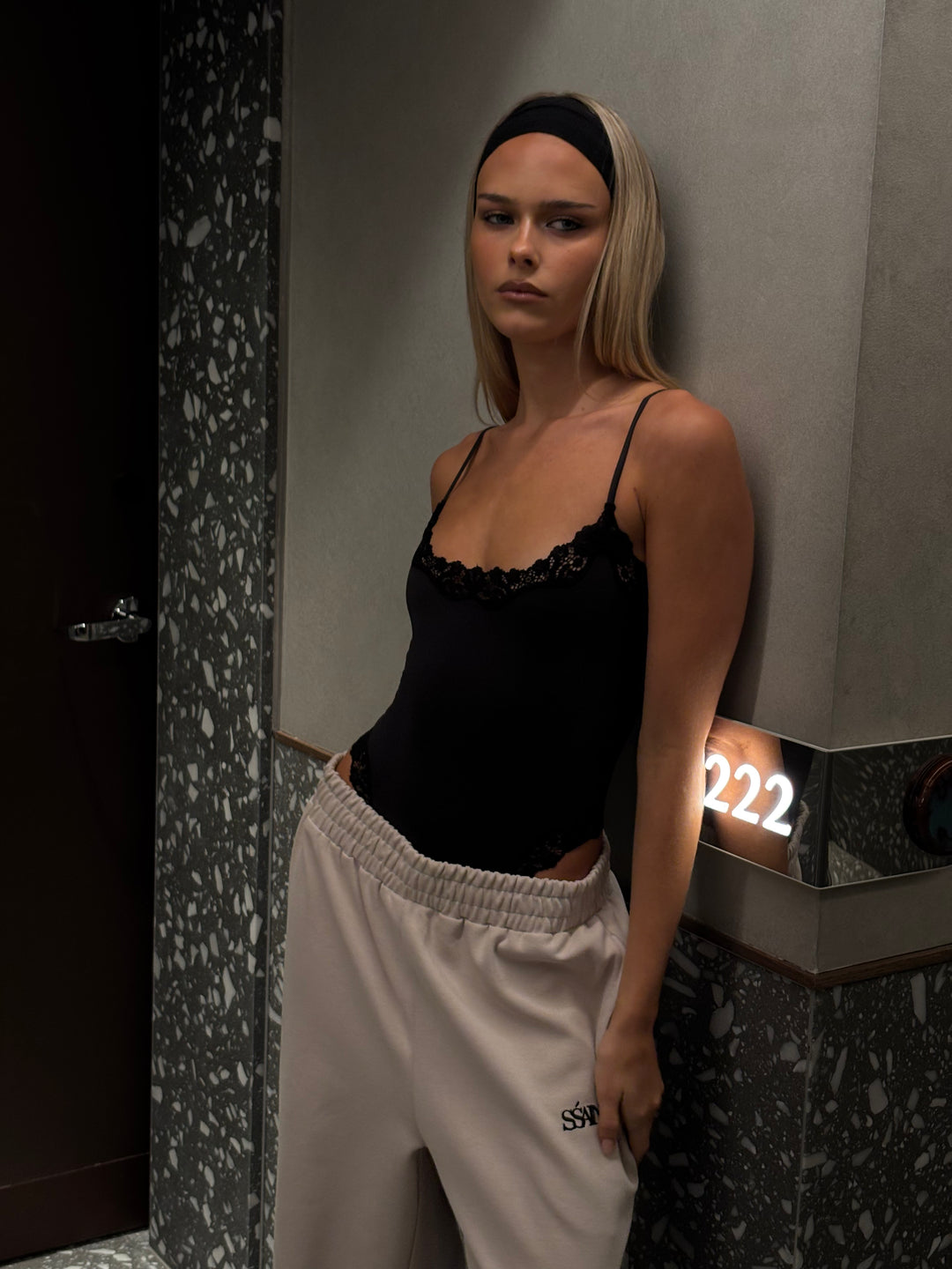 SŚAINT Lounge Pants - Taupe With Chocolate Brown Logo