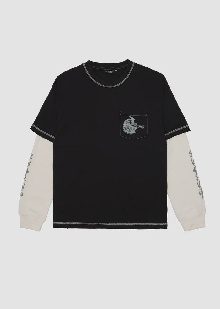 Afends Heavy Parts Layered Waffle Long Sleeve Tee - Stone Black