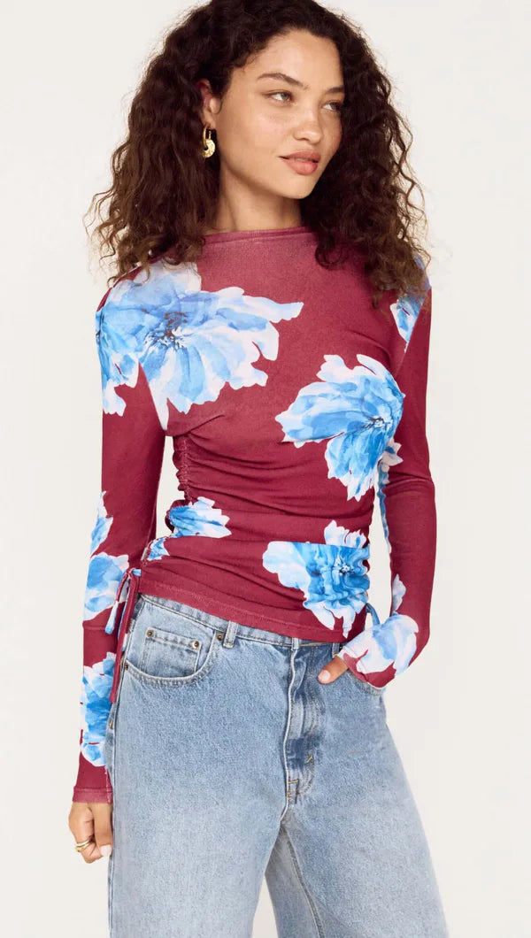 Staple The Label Fiorella Mesh Top - Wine/Blue Floral